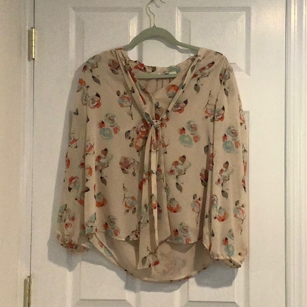 DR2 Women’s Cream Flowy Boho Tie Bow Floral Cottagecore Romantic Blouse M